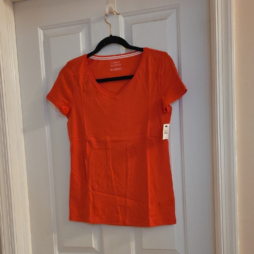 Talbots Women's Short Sleeve V-Neck Tee in Papaya Pima Cotton Small